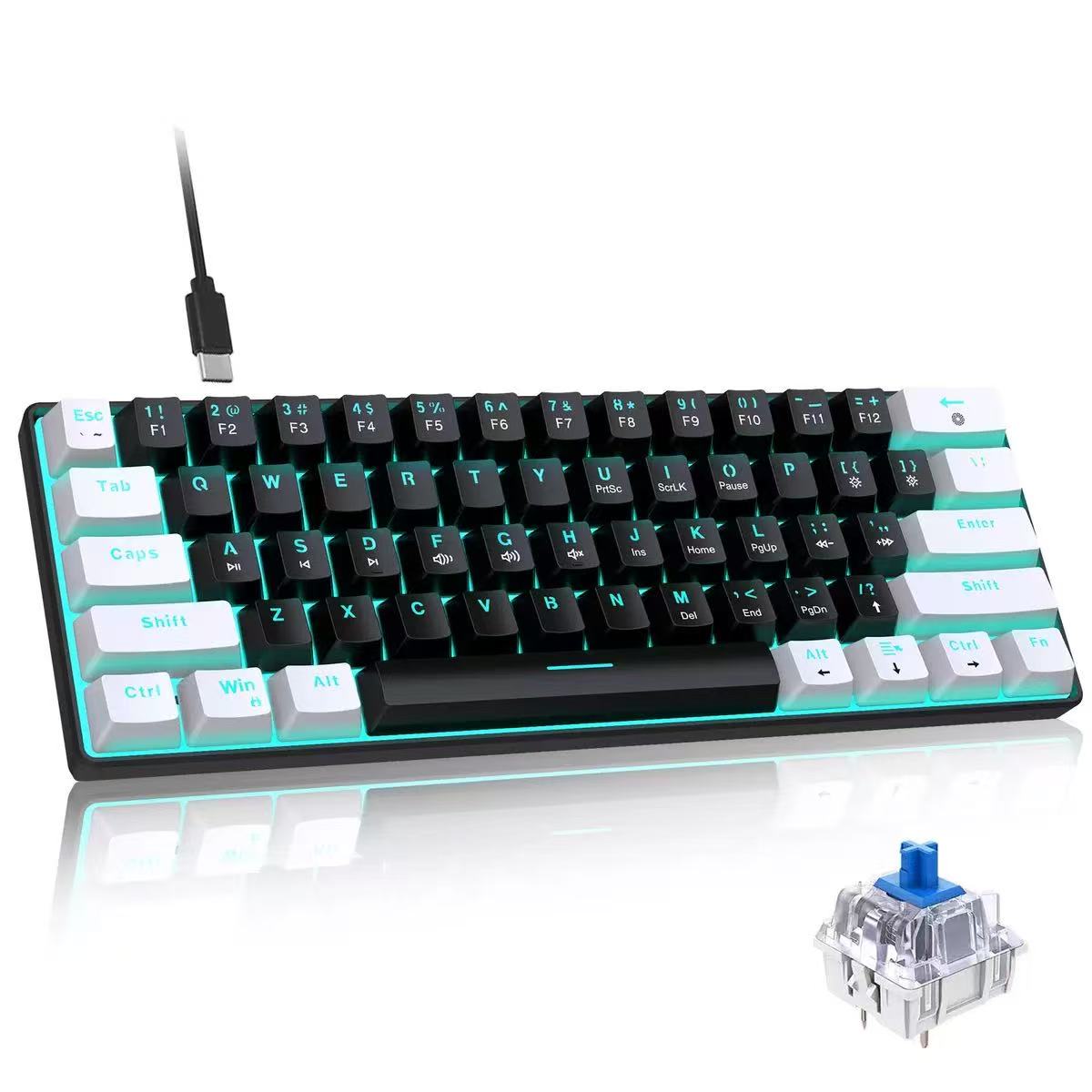 Keyboard Gaming Blue Switch - Teclado mecánico 60%, teclado para juegos